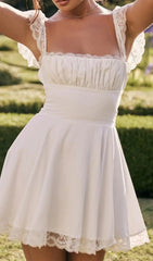 Romantic White Linen & Lace Mini Dress
