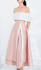 Dakota Elegant Blush Pink Off-Shoulder Slit Midi Dress