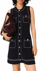 Chic Black Topstitched Knit Shift Dress with Gold Buttons