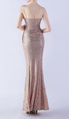 Chroma Dazzling Rose Gold Sequin Feather & Flower Maxi Gown with High Slit