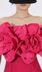 Eirian Statement Fuchsia 3D Floral Off-Shoulder Midi Dress