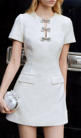 Chic Ivory Sparkle Bow Mini Dress