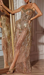 Calum Glamorous Gold Strapless Sequin & Rhinestone Evening Maxi Dress