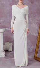 Goldy Elegance Draped Ruched Maxi Dress