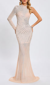 Glamorous Nude Asymmetric Embellished Maxi Gown