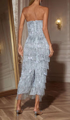 Carley Strapless Sequin Fringe Midi Dress