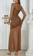 Elegant Brown Ruched Maxi Dress