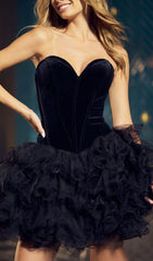 Charmian Black Velvet & Tulle Ruffle Mini Dress