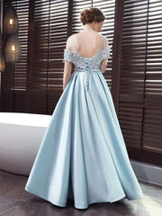Blue Satin A-line Lace Off Shoulder Floor Length Party Dress