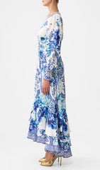 Jalie Elegant Blue Floral Porcelain Print Long Sleeve Maxi Dress
