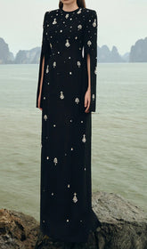 Davon Black Crystal Embellished Maxi Gown with Slit Sleeves