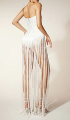 Rendor Showstopper White Strapless Fringe Bandage Maxi Dress