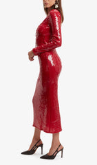 Betsy Glamorous Red Sequin Long Sleeve Midi Dress