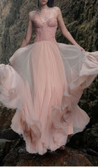 Finja Ethereal Blush Pink Strapless Corset Mesh Maxi Gown
