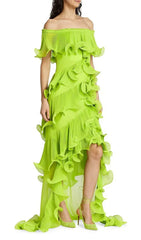 Dyveke Vibrant Lime Green Off-Shoulder Ruffle Maxi Dress