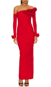 Cai Red Floral One-Shoulder Long Sleeve Maxi Dress