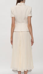 Elegant Cream Embellished Tweed-Style & Pleated Midi Dress