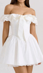 Devona Romantic White Off-Shoulder Bow Mini Dress with Lace Trim