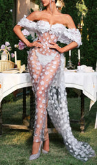 Oksana Dreamy White 3D Floral Sheer Corset Maxi Dress