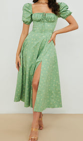 Elegant Green Floral Puff Sleeve Midi Dress
