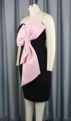 Bachue Black Strapless Midi Dress with Statement Pink Bow