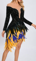 Glamorous Black Sequin & Vibrant Feather Long Sleeve Mini Dress