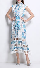 Errin Chic Blue Floral Lace Hollow Out Midi Dress