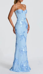 Jaleh Enchanting Blue Floral Backless Maxi Gown