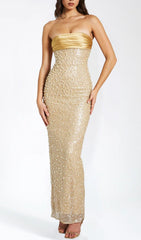 Alazne Dazzling Sequin & Pearl Strapless Maxi Dress