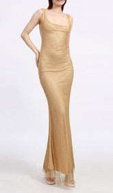 Evelin Shimmering Gold Square Neck Maxi Dress