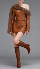 João Daring Faux Leather & Faux Fur Asymmetrical Mini Dress