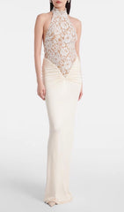 Halina Elegant White Halter Lace Maxi Dress