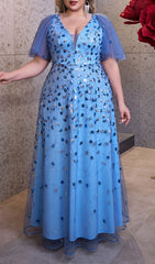Inari Dazzling Blue Sequin Mesh Plus Size Maxi Gown