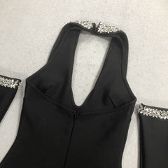 Jeneal Black Diamante Halter Midi Bandage Dress