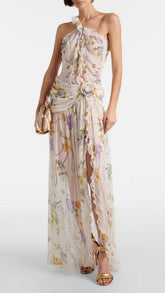 Femi Enchanting Floral One-Shoulder Ruffle Maxi Dress