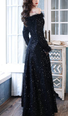 Showstopping Black Sequin Feather Off-Shoulder Long Gown