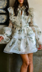 Jorgie Whimsical Bird Print Tiered Long Sleeve Mini Dress