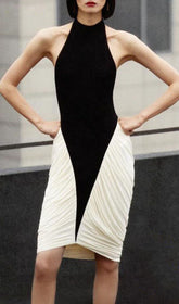 Elegant Two-Tone Halter Ruched Bodycon Midi Dress