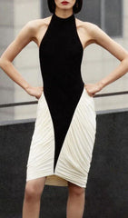 Elegant Two-Tone Halter Ruched Bodycon Midi Dress