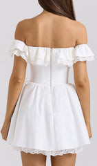 Devona Romantic White Off-Shoulder Bow Mini Dress with Lace Trim