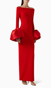 Chelsi Red Off-Shoulder Glamour Maxi Gown with Voluminous Statement Sleeves