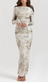 Chic Ruched Long Sleeve Printed Midi Dress