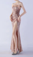 Chroma Dazzling Rose Gold Sequin Feather & Flower Maxi Gown with High Slit