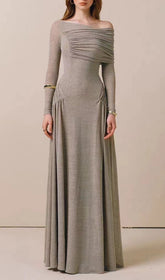 Gaia Elegant Ruched Off-Shoulder Long Sleeve Maxi Dress