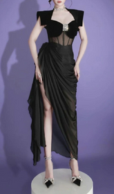 Godiva Black Corset Ruched Maxi Dress