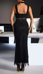 Fermin Women's Black Halterneck Bandage Fringe Midi Dress