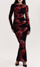 Chanda Elegant Rose Print Long Sleeve Ruched Maxi Dress