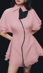 Glenda Pink Ruffled Mini Dress with Black Floral Embellishment