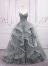 Grey V-neckline Tulle Long Formal Dress