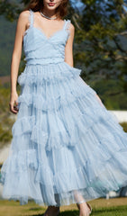 Dreamy Blue Ruffle Tiered Tulle Maxi Dress